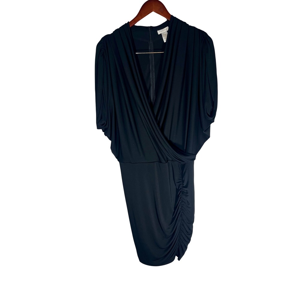 Cache Dress Women Medium Black Ruched Surplice V Neck Pleated Shoulder NWT‎